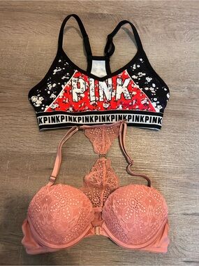 Victoria's Secret PINK Bra Lot 2pc XS Sports Bra Floral + 32B Push-Up Lace